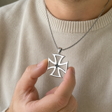 Men's Hollow Maltese Cross Stainless Steel Necklace, Vintage Knight Pendant Box Chain For Men