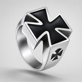 3D Raised Black Enamel Maltese Cross Stainless Steel Mens Ring