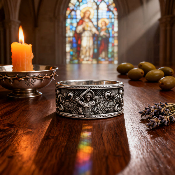 S925K Silver Archangel Michael Ring | Sacred Protection and Baroque Rococo Style Engravings