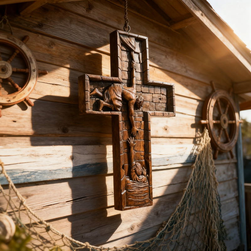 BGCOPPER Savior Jesus Cross - Carved from Natural Wood