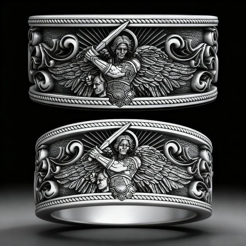 S925K Silver Archangel Michael Ring | Sacred Protection and Baroque Rococo Style Engravings