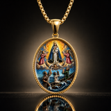 3D Raised Color Enamel Our Lady of Charity Oval Gold Stainless Steel Necklace