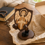 Black Walnut Archangel Michael Adjustable Phone Stand A Faith-Inspired Wooden Desktop Stand for Christian home decor and prayer spaces