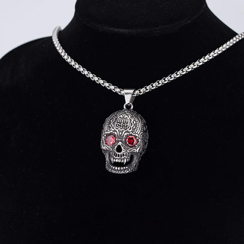 Men's Stainless Steel Cubic Zircnia Eyes Engraved Skull Pendant Necklace