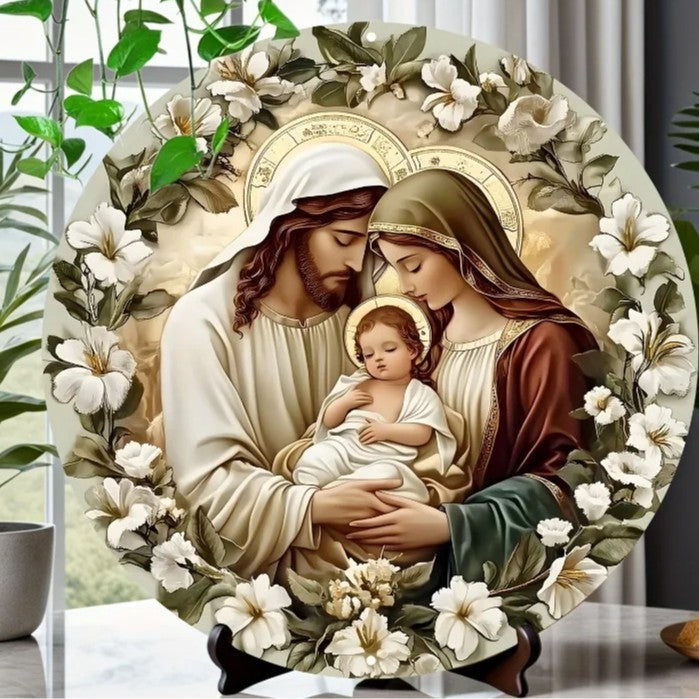 Christian Holy Family Relief Decorative Plaque - 8 Inch / 12 Inch Aluminum Waterproof Religious Wall Art (with Mounting Accessories)