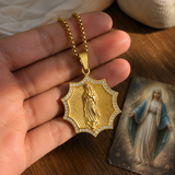 Gold Octagonal Star CZ Our Lady of Guadalupe Necklace, 3D Embossed Radiant Titanium Steel Religious Pendant Box Chain for Men