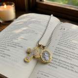 Gold-Tone Copper Zircon Cross & Miraculous Medal Double Pendant Necklace – Christian Faith Jewelry