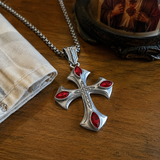 Vintage Red Zircon Cross Pendant Necklace, Religious Faith Men’s Necklace
