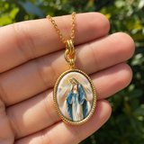 3D Enamel Our Lady of Grace Oval Necklace, Double Sided Tree of Life Stainless Steel Pendant