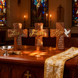 Ornate "Love" "Faith" "Hope" Wooden Cross, Solid Wood Cross