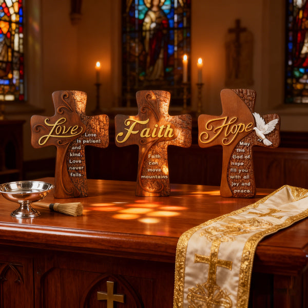 Ornate "Love" "Faith" "Hope" Wooden Cross, Solid Wood Cross