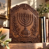 Hand-Carved Beech Wood Menorah & Olive Tree Plaque – Jewish Faith Home Décor