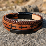 Multi‑Layer Braided Cross Printed Men Leather Bracelet, Vintage PU Leather Magnetic Clasp Religious Wrist Jewelry