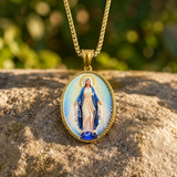 3D Raised Enamel Miraculous Virgin Mary Oval Gold Stainless Steel Necklace