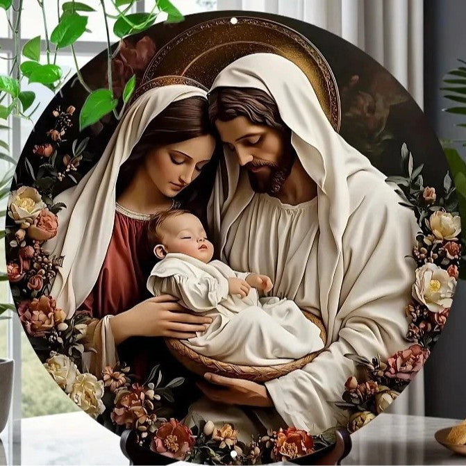 Christian Holy Family Relief Decorative Plaque - 8 Inch / 12 Inch Aluminum Waterproof Religious Wall Art (with Mounting Accessories)