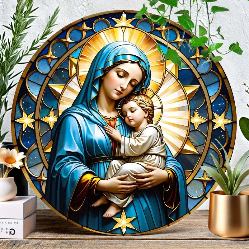 Christian Holy Family Relief Decorative Plaque - 8 Inch / 12 Inch Aluminum Waterproof Religious Wall Art (with Mounting Accessories)