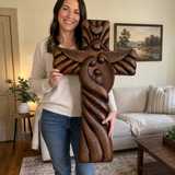 Holy Family wood icon decoration, Joseph, Mary, Baby Jesus, carved wooden cross, wall decoration