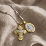 Two Charms Necklace, Iced Cross & Miraculous Medal Pendant, 316L Stainless Steel Religious Ball Chain Jewelry