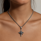 Vintage North Star Men Stainless Steel Necklace, Wrapped Cross Black CZ 4‑Point Star Pendant With Box Chain