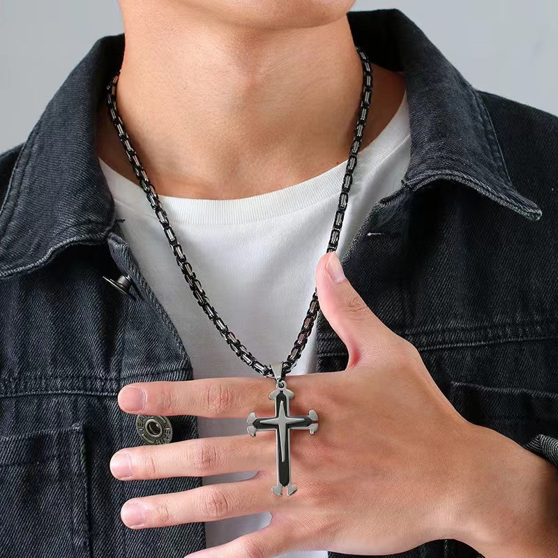 Stainless Steel Cross Byzantine Chain Pendant Necklace