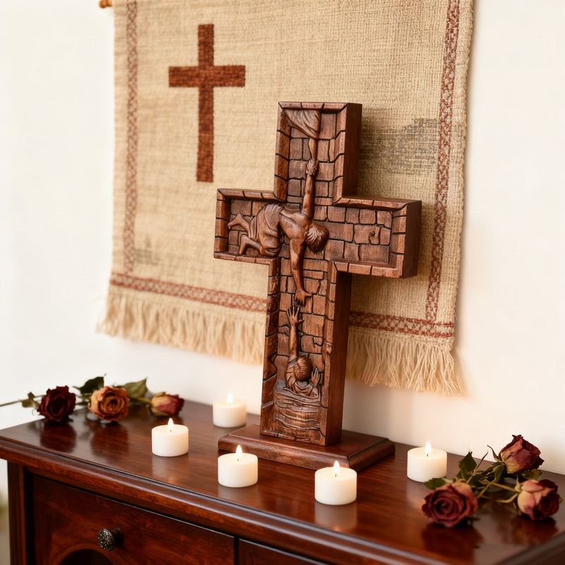 BGCOPPER Savior Jesus Cross - Carved from Natural Wood