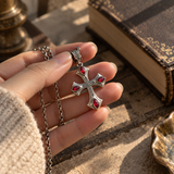 Vintage Red Zircon Cross Pendant Necklace, Religious Faith Men’s Necklace