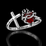 Sacred Heart of Jesus Thorn Flame Cross Adjustable Open Ring - craftsmanship detail