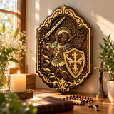 St. Michael Archangel Hand-Carved Wooden Wall Plaque – Sword & Shield of Divine Protection