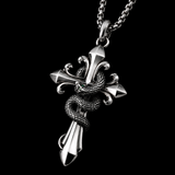 S925 Silver Serpent Cross Pendant Necklace with Green Gemstone