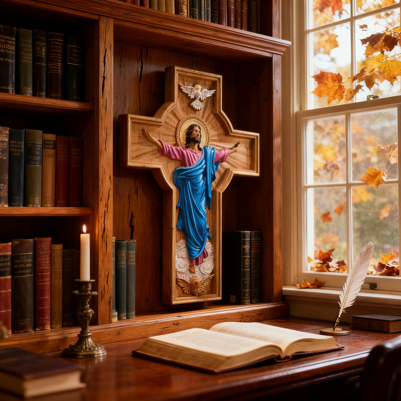 Bgcopper October New Release: Hand-Carved Painted Wood Cross — The Ascension of Christ