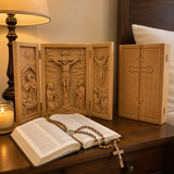 The Life of Christ Hand-Carved Beechwood Triptych – From Nativity to Resurrection Glory - side view