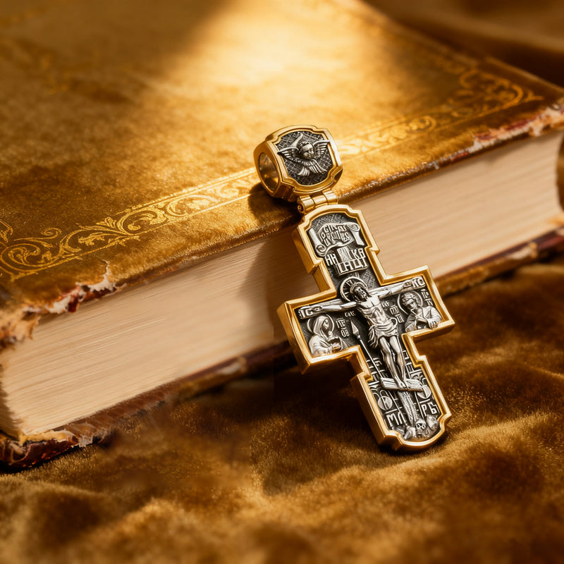 Orthodox S925K Silver Double-Sided Engraved Jesus Christ Crucified and Saints Orthodox Necklace