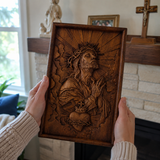 Hand-Carved Sacred Heart of Jesus Beech Wood Plaque – A Quiet Reminder of Christ’s Mercy at Home