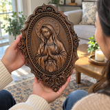 Hand-Carved Virgin Mary Prayer Wall Plaque – Ornate Beechwood Catholic Religious Decor,
