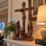 Hand-Carved Ash Wood Calvary Crucifix with Jesus, Mary, St. John & Mary Magdalene