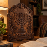 Hand-Carved Beech Wood Menorah & Olive Tree Plaque – Jewish Faith Home Décor