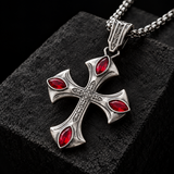 Vintage Red Zircon Cross Pendant Necklace, Religious Faith Men’s Necklace