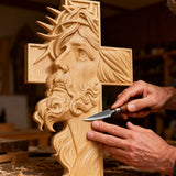 Handcrafted Beechwood Cross: Jesus with the Crown of Thorns