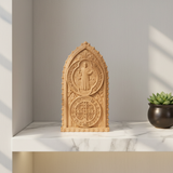 Hand-Carved Beechwood St. Benedict Medal Desktop Ornament