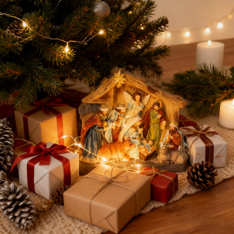 Hand-Painted Nativity Set, Vintage Holy Family Christmas Scene, Resin Manger Statue for Holiday Decor - Emmanuel "God With Us" Christmas Crèche