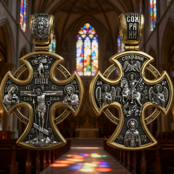 Double-sided S925k silver pendant depicting the Passion of Christ and St. George slaying the dragon.