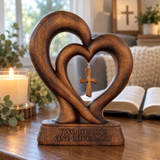 Handcrafted Beechwood Two Hearts One Covenant Cross Sculpture – Christian Wedding & Anniversary Gift