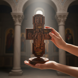 Double-Sided Icon Wood Carving ✝️ | Hand-Carved Crucifix & Saints Beechwood Wall Art