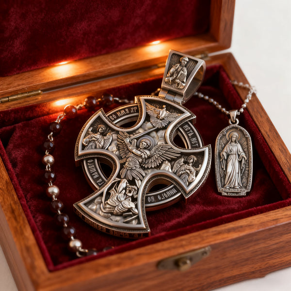 Michael Archangel and Crucifixion Front and Back Engraved 925K Sterling Silver Pendant Necklace