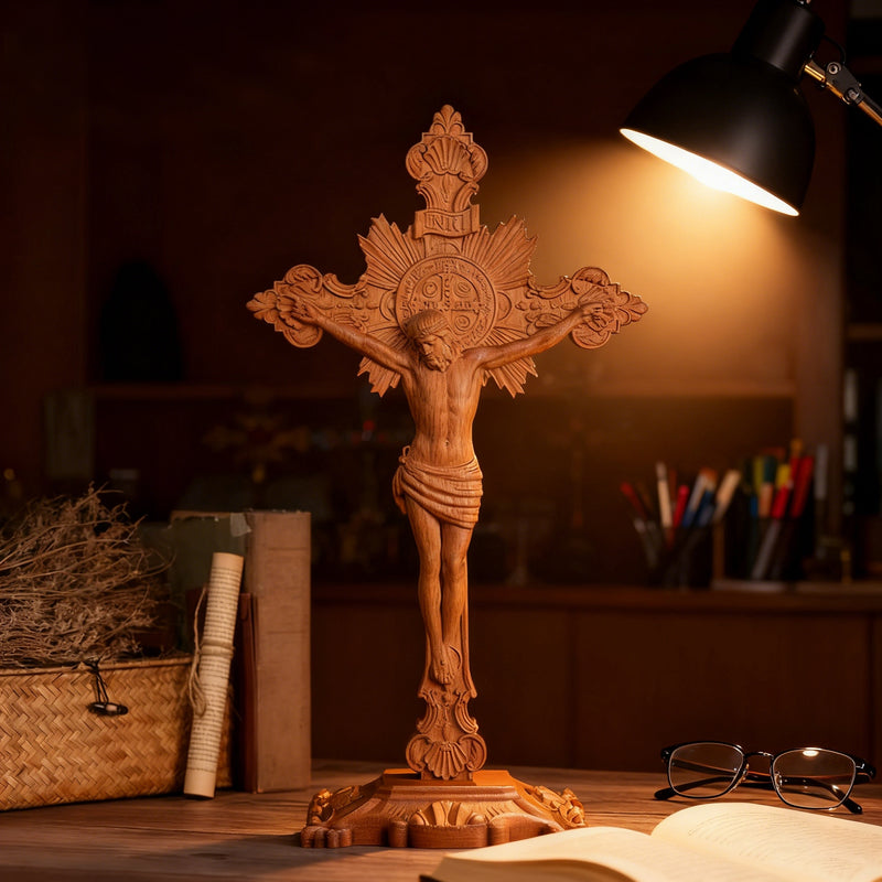 Wood carving of the Cross of the Order of Saint Benedict - with base