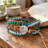 Multi-Layered Hand-Woven Natural Crystal Stone Leather Tree of Life Guardian Bracelet