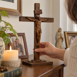 Hand-Carved Beechwood Crucifixion of Jesus Standing Cross – Christian Prayer & Home Altar Decor