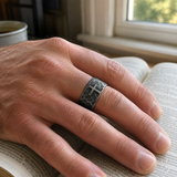 Hand-carved stone cross ring carries His gentle protection