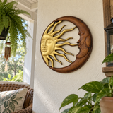 Hand-Carved Sun and Moon Wooden Wall Decor – Gold & Rustic Brown Celestial Wall Hanging