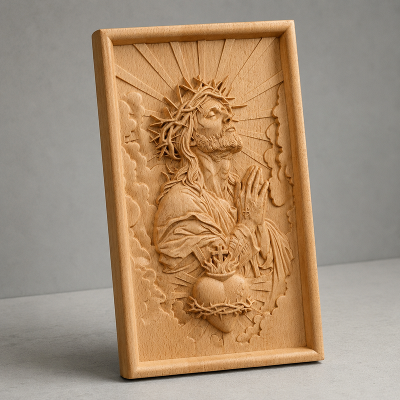 Natural wood Sacred Heart of Jesus plaque in a bright home prayer corner